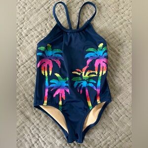 J. Crew Crewcuts Navy Blue One Piece Swimsuit Tropical Colorful Foil Palm Size 3